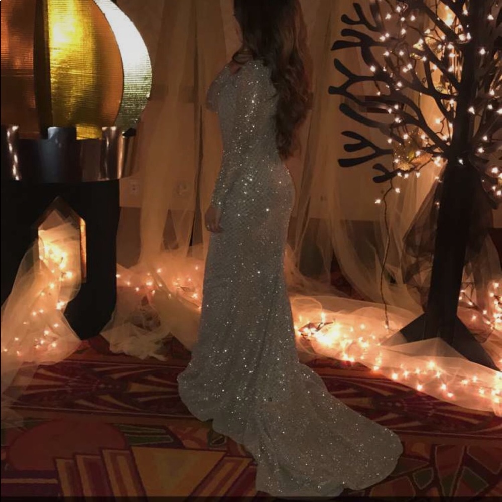 Long Silver and Nude prom dress